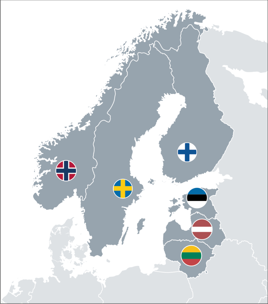 mekanex-map-countries Karta över Norden och Baltikumdär Norge, Sverige, Finland, Estland, Lettland och Litauen är utmarkerade